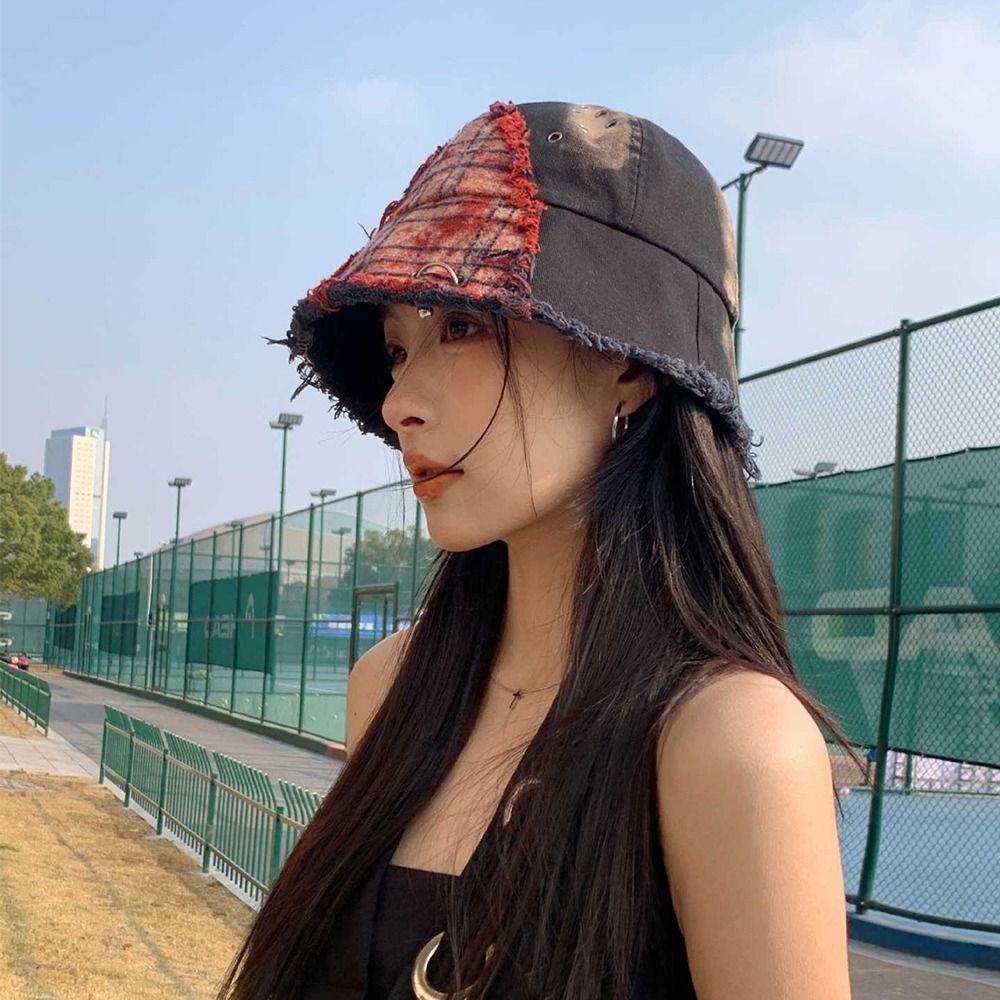 Japanese Retro Fisherman Hat Patched Sun Protection Basin Cap Vintage Plaid Bucket Hat Unisex