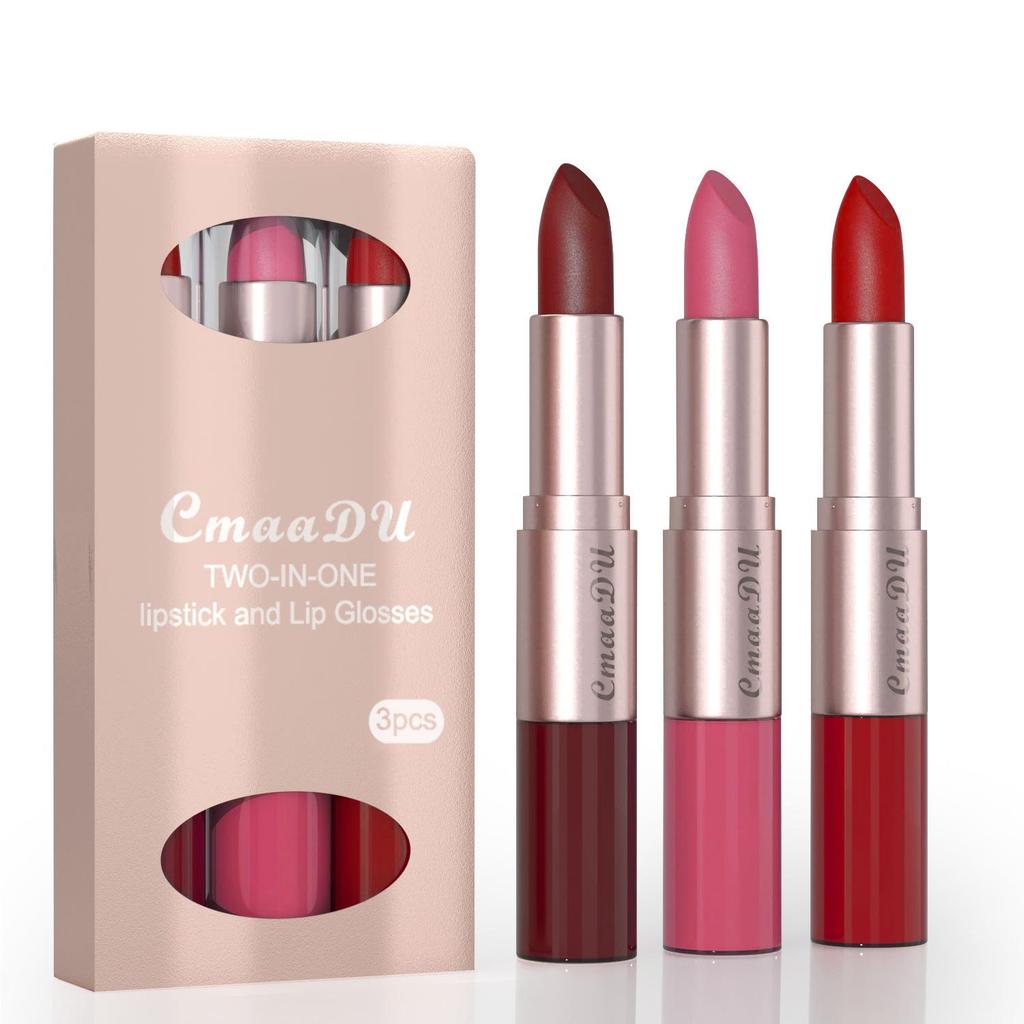 CmaaDu 3-Piece Matte Lipstick & Gloss Set: Velvet Finish, Non-Transferring Formula for Makeup.