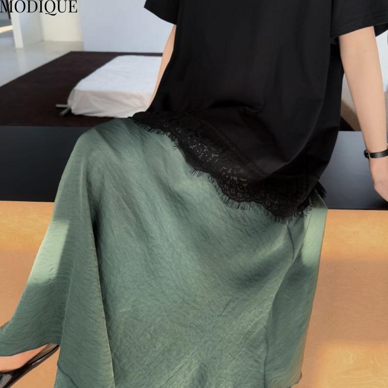 MODIQUE Summer Plus Size New Women Loose Elegant Printing Lace Pleated Patchwork Long Dress Female Casual Short Sleeve O-Neck Dresses