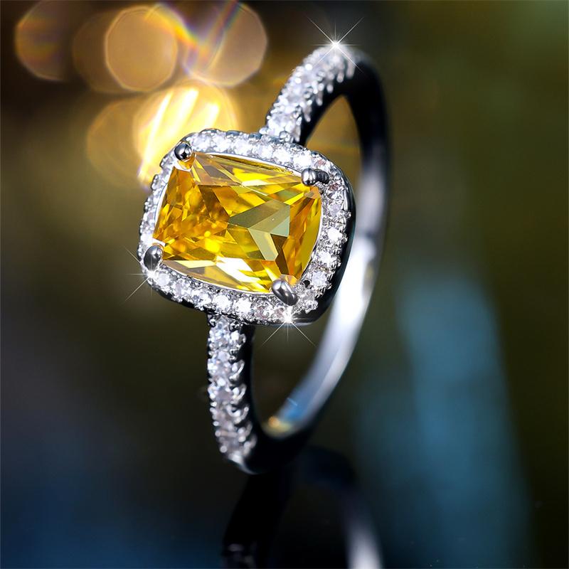 Модное серебристое кольцо прямоугольной огранки с желтым камнем, роскошное обручальное кольцо с любовью, свадебные украшения