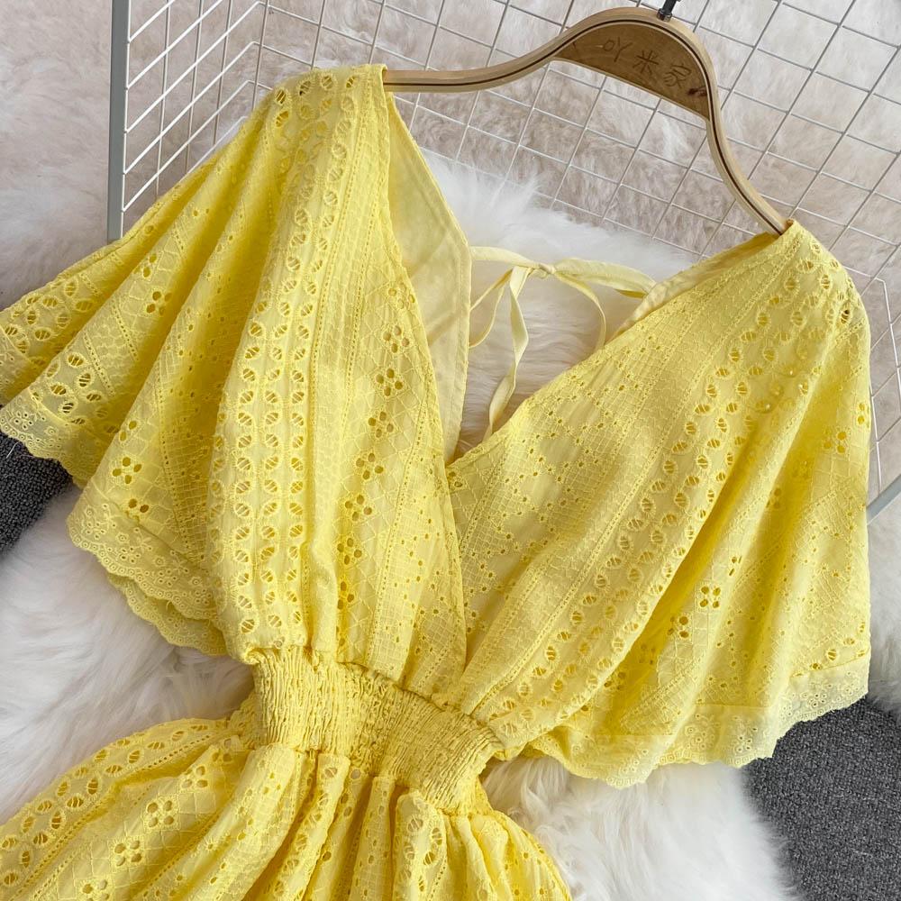 Summer Korean Hollowed-out Deep V-neck Waistband Show Thin Ruffle Sleeve A-line Seaside Holiday Beach Dress Vestidos