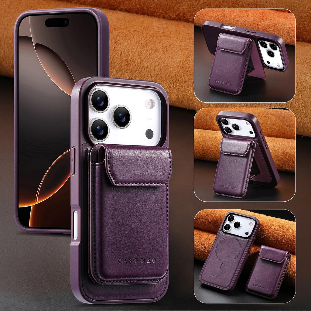 CASENEO For iPhone 17 Pro Magnetic Case PU Leather PC Phone Cover with Detachable Card Holder Kickstand Compatible with MagSafe