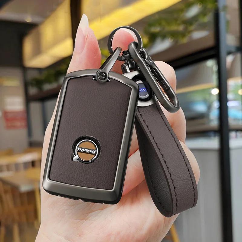 AABBJ1 1Pc Premium Zinc Alloy+Leather Key Fob Case for Volvo XC40 XC60 XC90 S60 S90 V50 V70 V90 V60 V40 S80 EX30 Anti-Dust Auto Parts