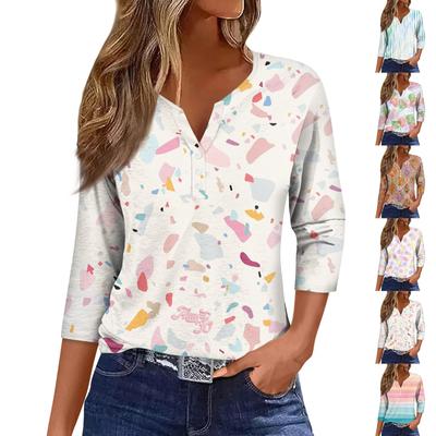 Женская модная повседневная футболка с коротким рукавом и V-образным вырезом, декоративными пуговицами и рукавом три четверти