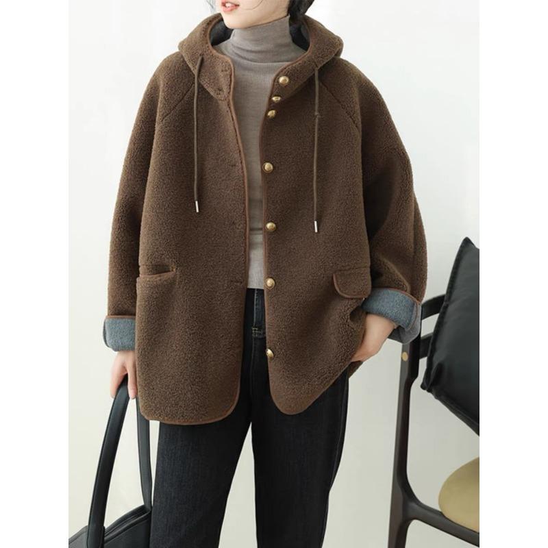 Женские свободные куртки с капюшоном из овечьей шерсти, повседневные однобортные толстые пальто, зимнее теплое пальто с длинным рукавом из гранулированного бархата