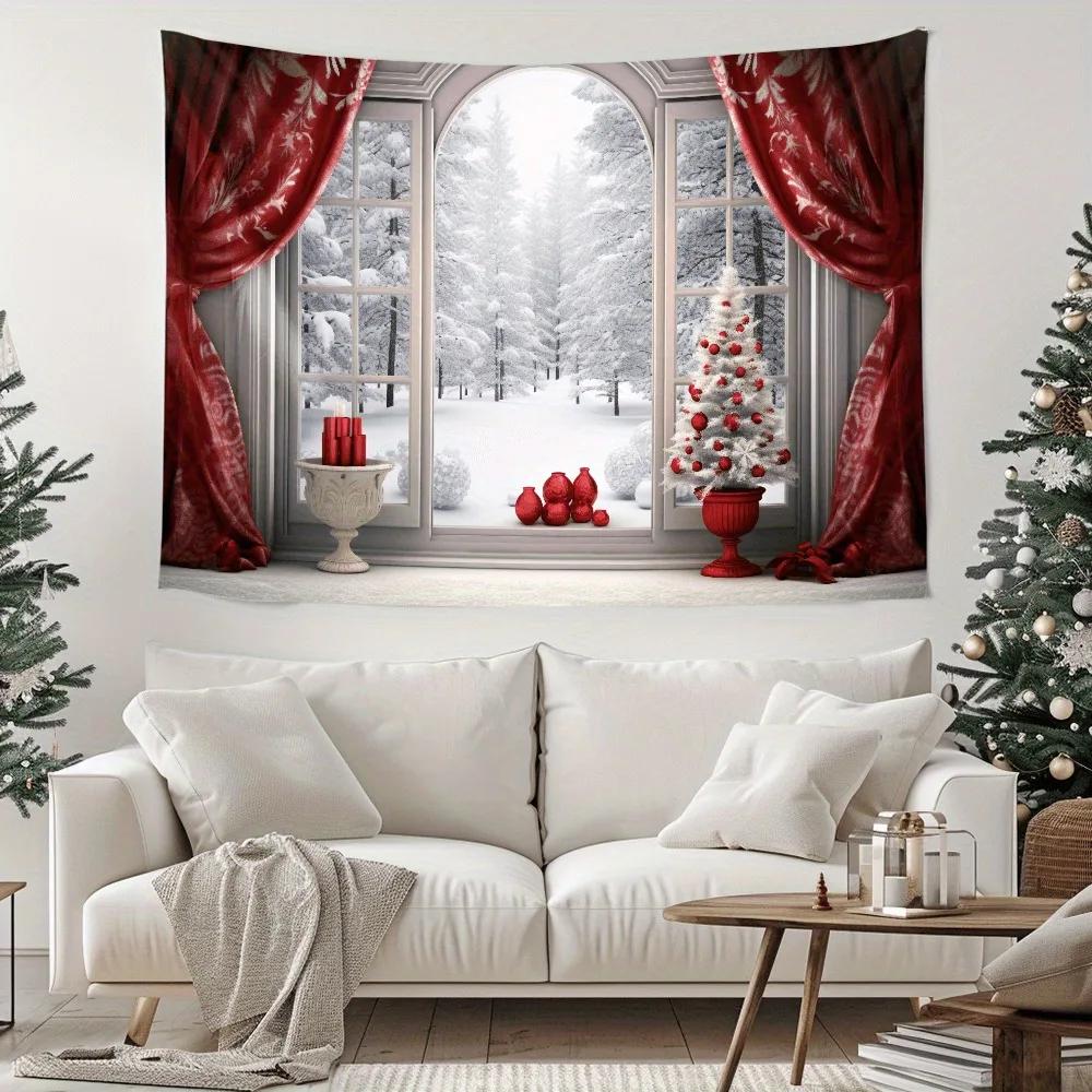 Christmas Day Party Decoration Background Cloth Outside the Window Christmas Tree Snow Scene Tapestry Suitable for Home Outdoor