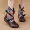 Ethnic Style Printed Retro Genuine Leather Women's Flat Boots Warm Comfortable Cotton Shoes