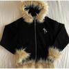Unisex Oversized Hooded Zip-Up Sweatshirt With Faux Fur Collar Streetwear Graphic Print Loose Fit Winter Apparel