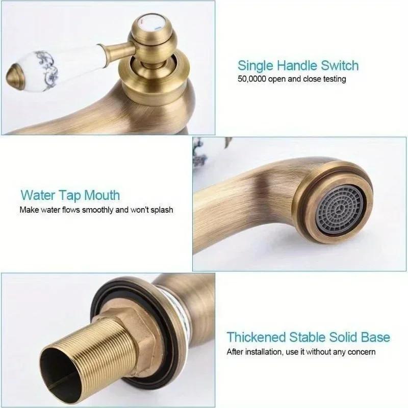 Ретро латунный смеситель для раковины Подходит для дома, кухни, медный, с ручкой для холодной воды, полезный аксессуар для мытья в ванной, товары для дома