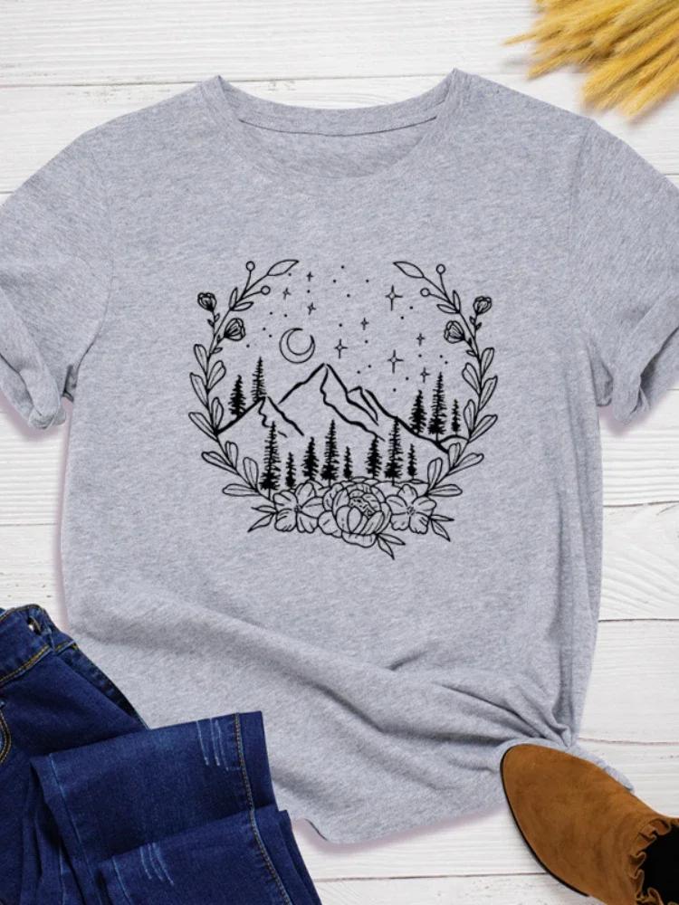 Wreath Moon Mountain Print Женская футболка с коротким рукавом и круглым вырезом Свободная женская футболка Женская футболка Топы Одежда Camisetas Mujer