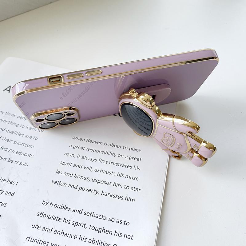 Suitable for iPhone Samsung Huawei Honor Infinix OnePlus OPPO Realme Xiaomi Redmi Vivo Cartoon Astronaut Folding Bracket Soft Plating TPU Phone Case