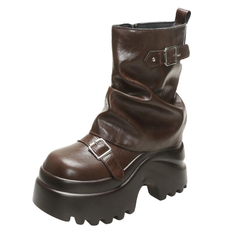 Модные женские кожаные ботинки Новые зимние мотоботы 9,5 см клиновидный каблук Высокая платформа Массивная обувь Женские осенние Толстая подошва Панк ботинки