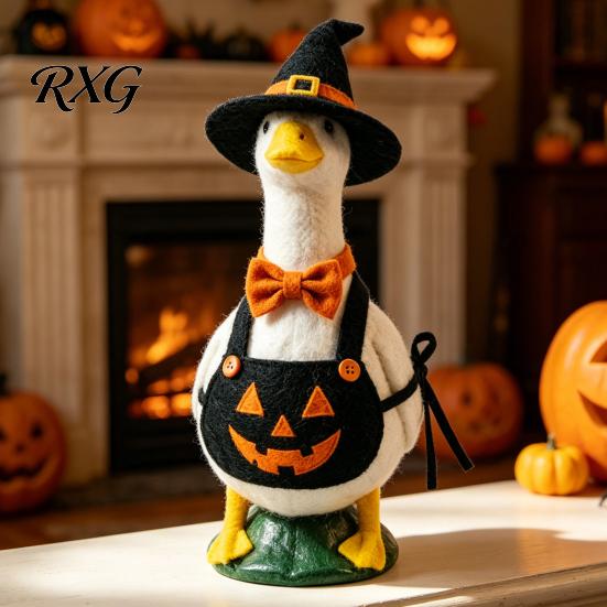 Halloween Goose Statue Mini Desk Statue, Cute Small Figurine with Hand Painted Garden Pumpkin Apron And Wizard Hat for Home Office Table Decor