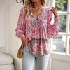 Bohemian Rayon Print Lace-up Long Sleeve Top for Women - 2025 Spring/Summer Collection