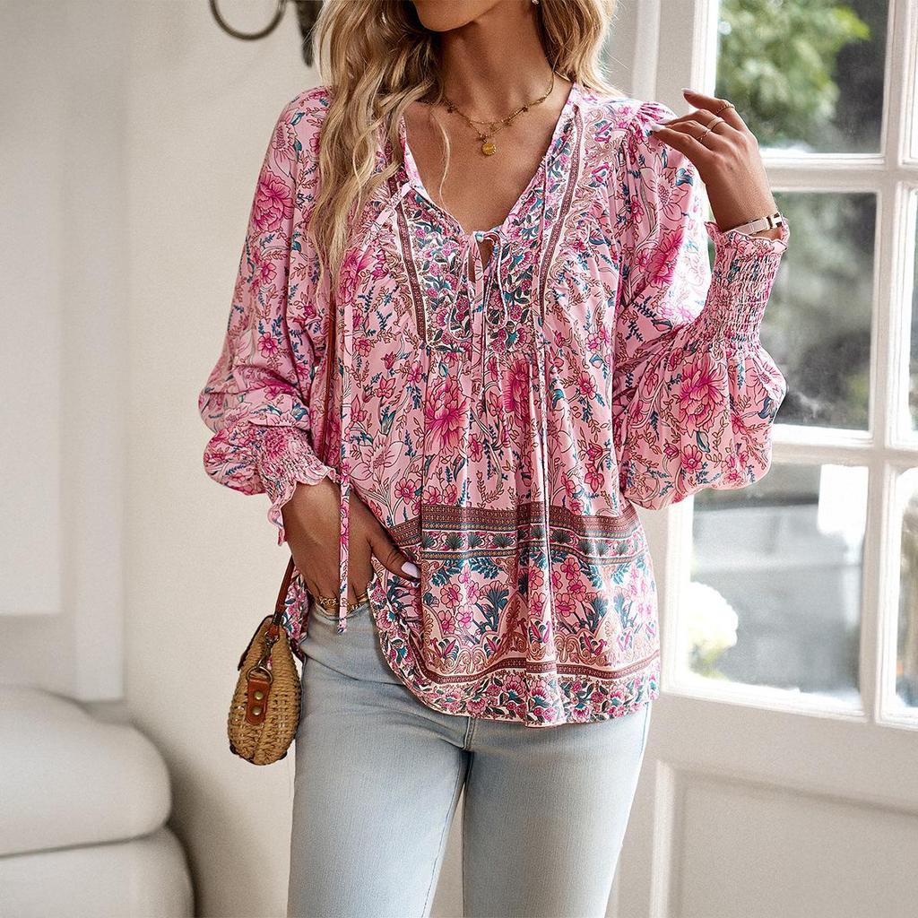 Bohemian Rayon Print Lace-up Long Sleeve Top for Women - 2025 Spring/Summer Collection