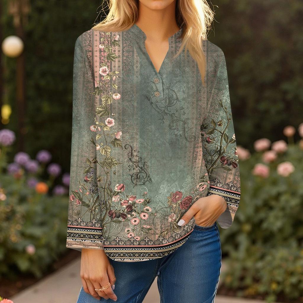 Женская модная и повседневная рубашка с длинным рукавом, V-образным вырезом, на пуговицах, с принтом, блузка, топ