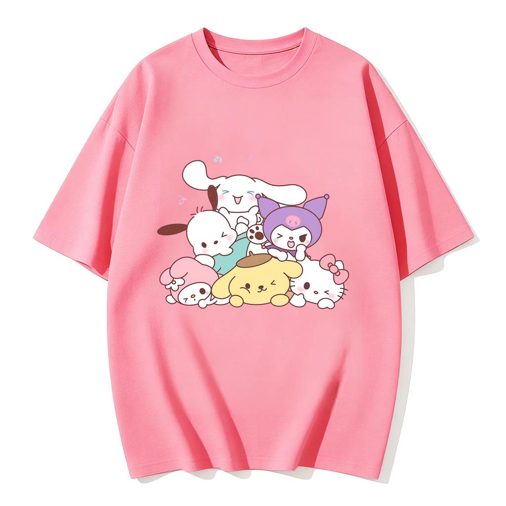 2026 Футболка HelloKitty из мягкого хлопка с коротким рукавом и круглым вырезом, милый принт, легкий летний топ для женщин, повседневная одежда