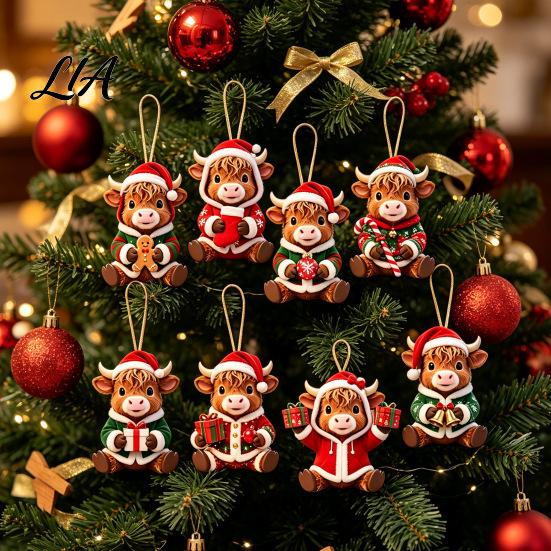 Lightweight Wood Christmas Decor Wooden Highland Cow Ornament, 2D Cute Hanging Unique Tree Ornaments with String, Farmhouse Animal Holiday Party