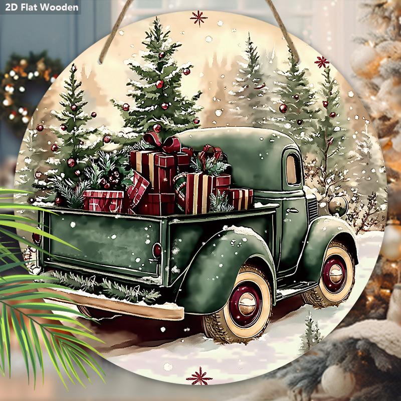 Рождественская деревянная табличка с рисунком винтажного пикапа, теплая зимняя круглая табличка для декора на входную дверь или стену, идеальное рождественское украшение