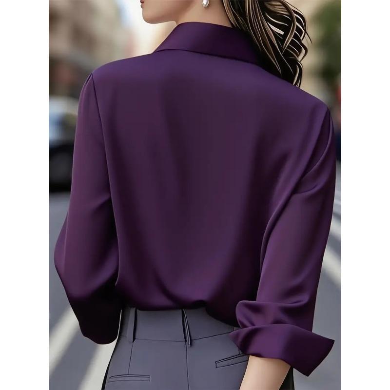 Women's Satin Shirts Elegant Plain Long Sleeve Blouse Office Lady Button-Up Shirt Top Female Lapel Neck Shirts Blouse Autumn