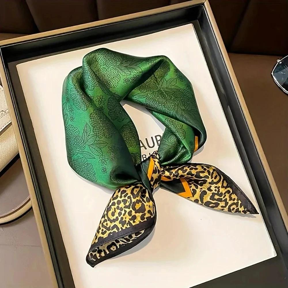Luxury Brand Women Leopard Print Square Hijab Scarf Soft Satin Silk-like Small Neck Scarf Stylish Casual Headscarf