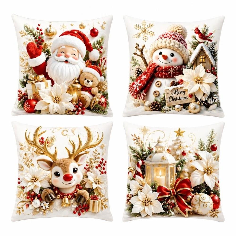 4Pcs Plush Decorative Pillowcase 45*45cm Christmas Pillow Cover Festive Home Decor