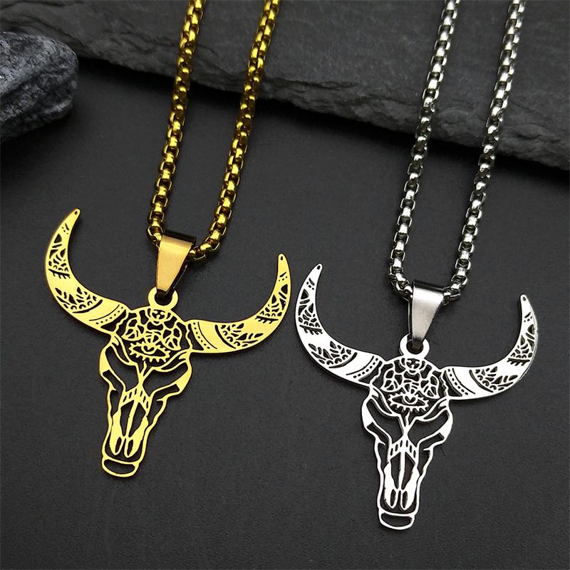 Hollow Cattle Bull Necklaces For Women Men Stainless Steel Gold Silver Color Bohemia Animal Head Male Chain Jewelry Gifts