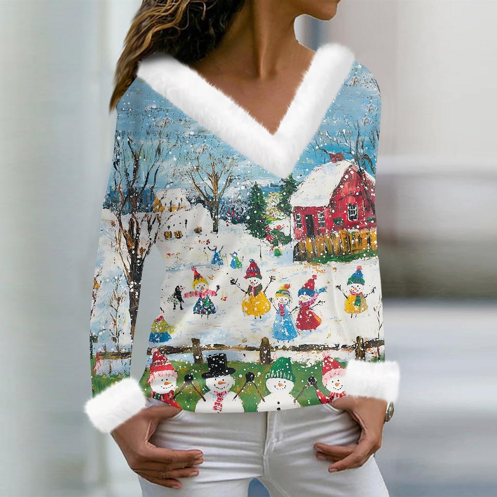 Женская футболка с рождественским принтом, длинный рукав, флисовый воротник, V-образный вырез, футболка