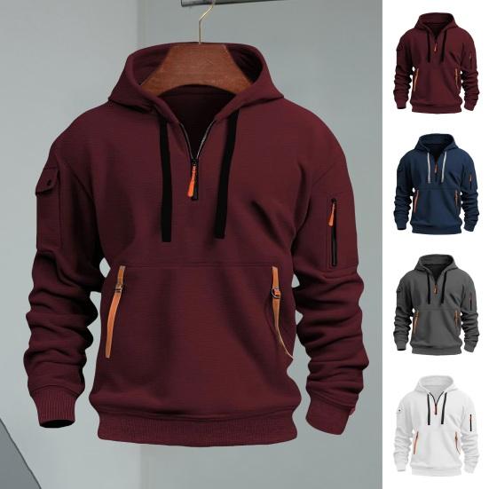 Men Fall Winter Hoodie Solid Color Drawstring Long Sleeves Half Zipper Arm Pocket Strap Decor Hooded Loose Daily Wear Casual Sport Top