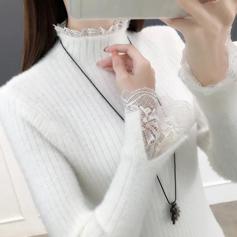 Свитер с воротником из искусственного норкового флиса, женский модный кружевной лоскутный пуловер, эластичная узкая вязаная нижняя рубашка