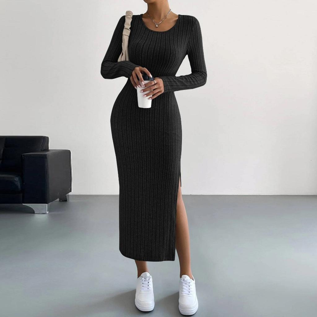 Long Sleeved Round Neck Slit Knitted Long Dress For Women