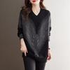 Fashionable Loose Long V-neck Sweater for Women with Mid-length Design and Plus Size