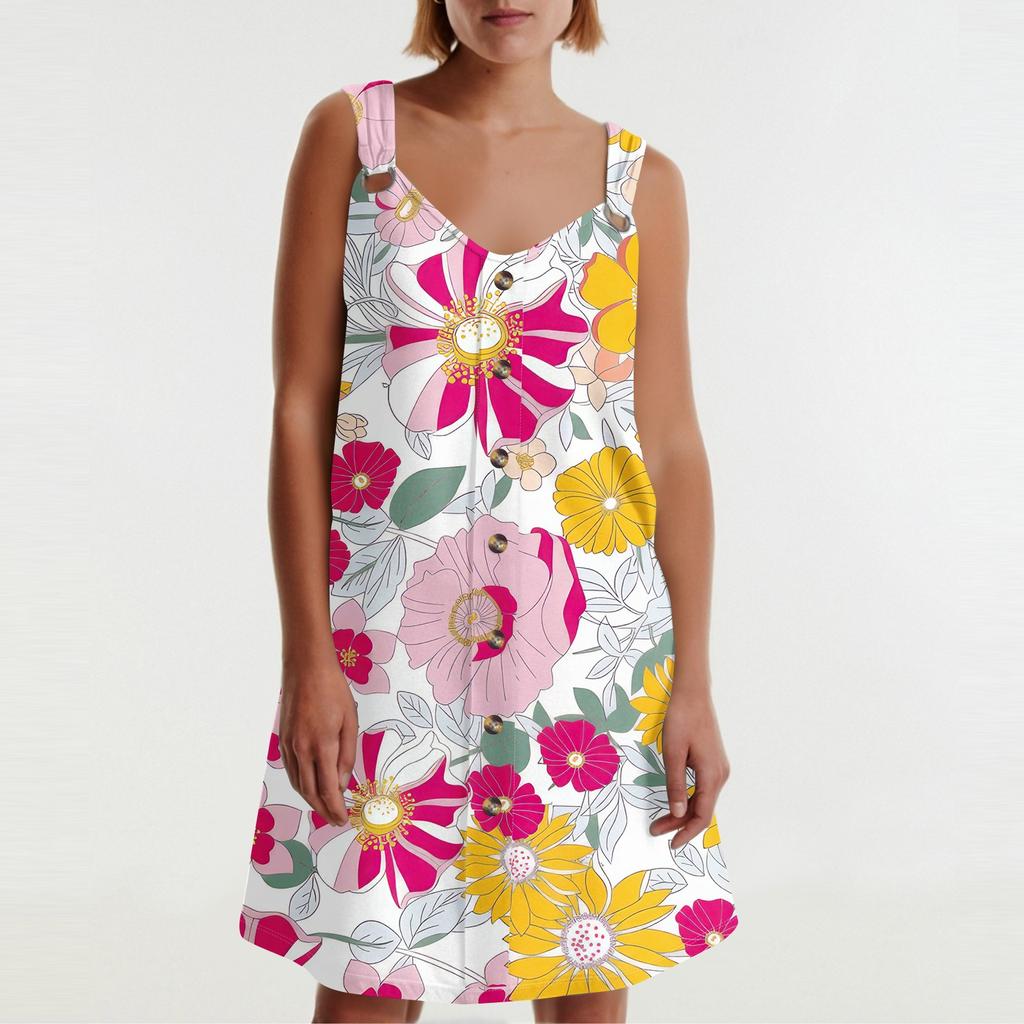 Women's Summer Dress With Pocket Sleeveless Floral Print Sundress