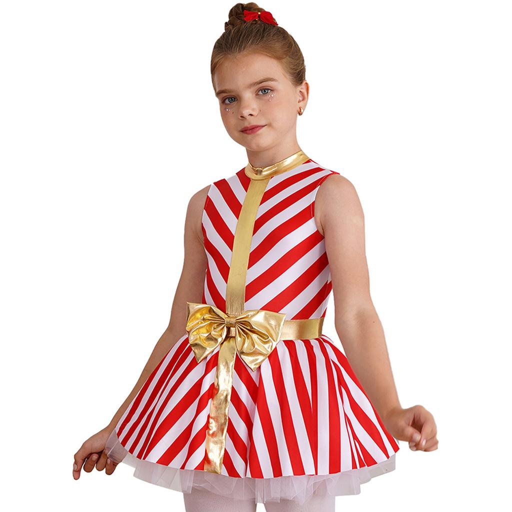 Детский рождественский костюм Санта-Клауса для девочек, платье-пачка без рукавов в полоску с принтом, платье-пачка, танцевальная одежда