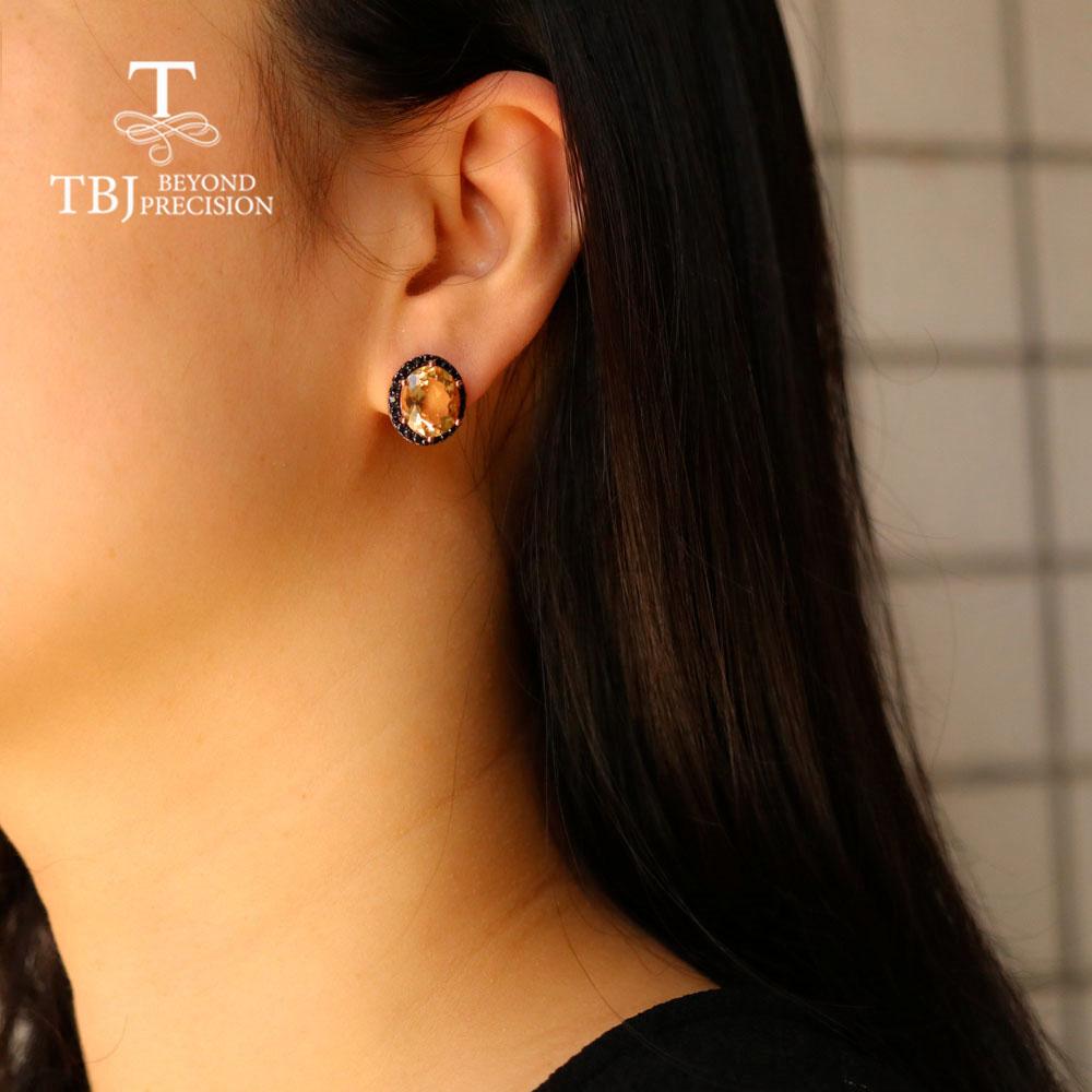 Natural Citrine Gemstone Jewelry Set 925 Sterling Silver Ring Clasp Ring Earring Black Spinel Fine Jewelry for Women Nice Gift