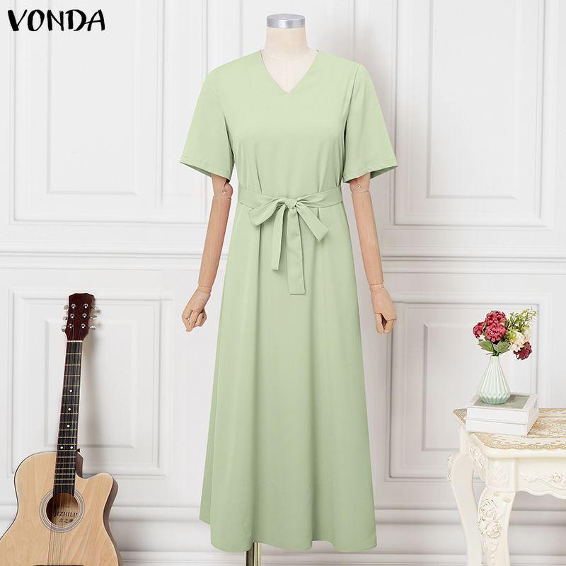 VONDA Летнее женское повседневное длинное платье-макси с коротким рукавом, V-образным вырезом и однотонной повязкой
