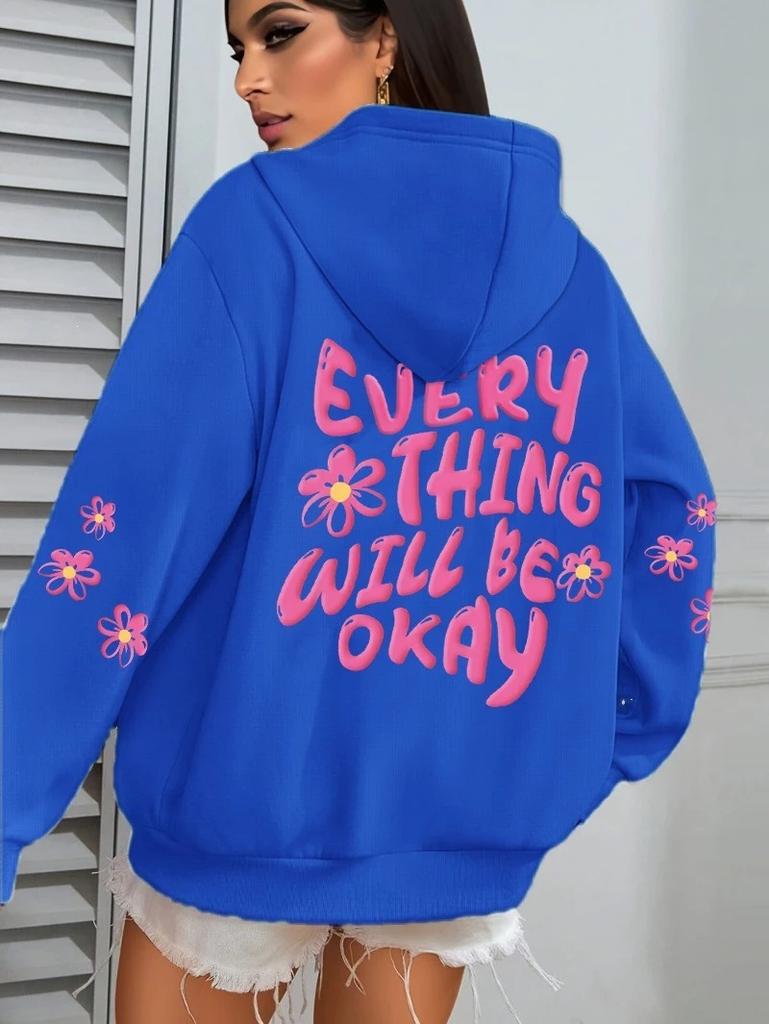 All Will Be Fine Alphabet Printed Hooded Sweater Women'S Hip Hop Street Casual Sweater