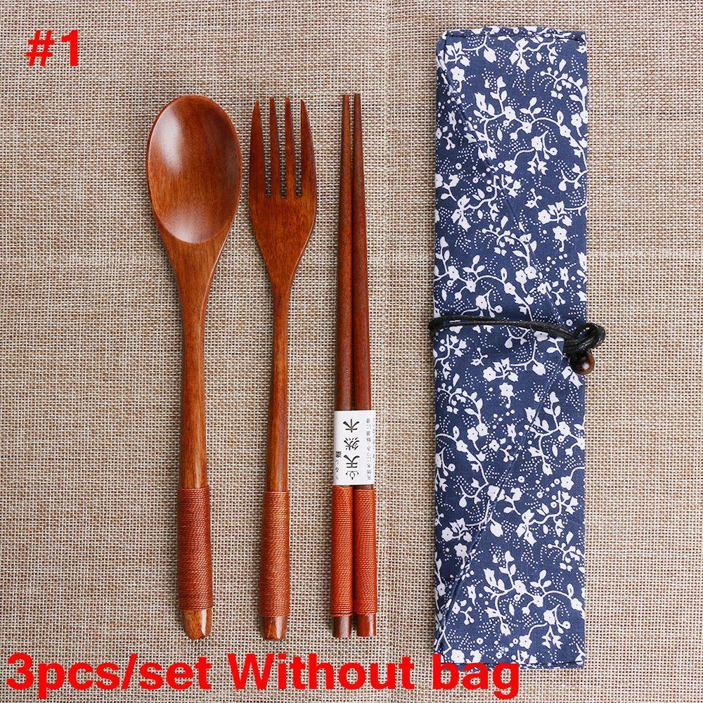 Japanese Style Portable Cutlery Set Spoon Fork Chopsticks Natural Wooden Cloth Bag