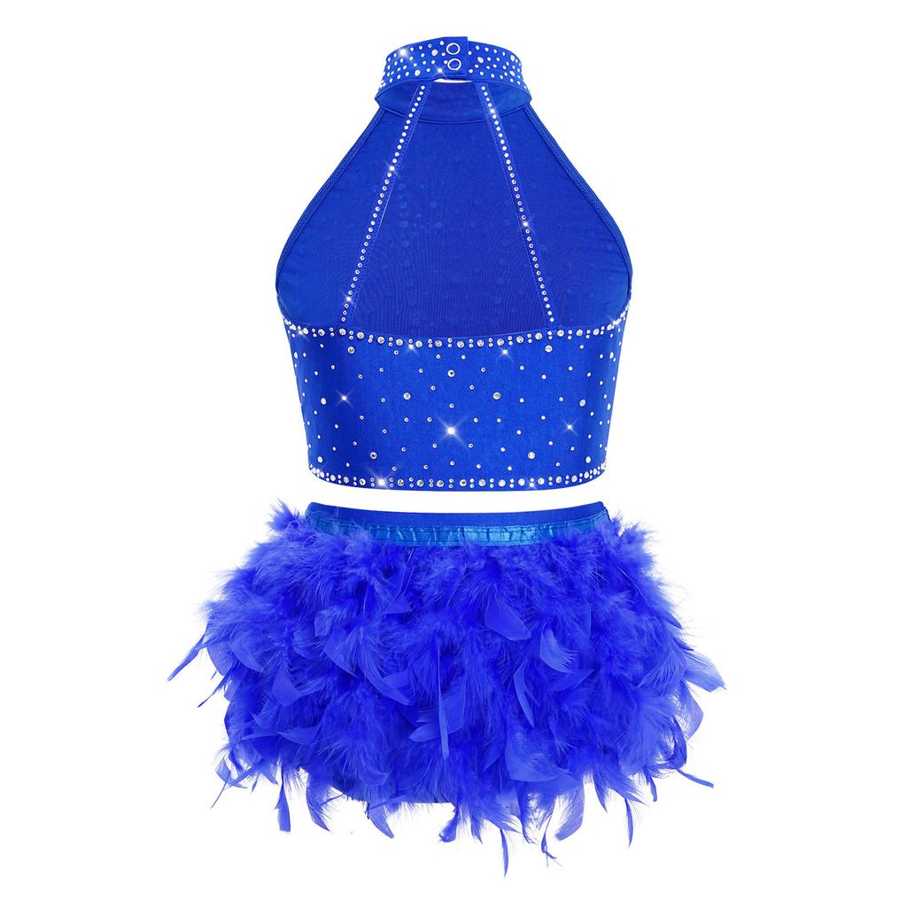 Блестящий костюм для танца с кисточками и перьями для девочек: Укороченный топ-халтер со спинкой на бретельках и юбка с эластичным поясом для сценического выступления