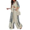 Women V-neck Patchwork Printed Top And Pants Suit Contrasting Color Commuting Set Wide-leg Trousers And Extra-length Top Loose Fit Outfit