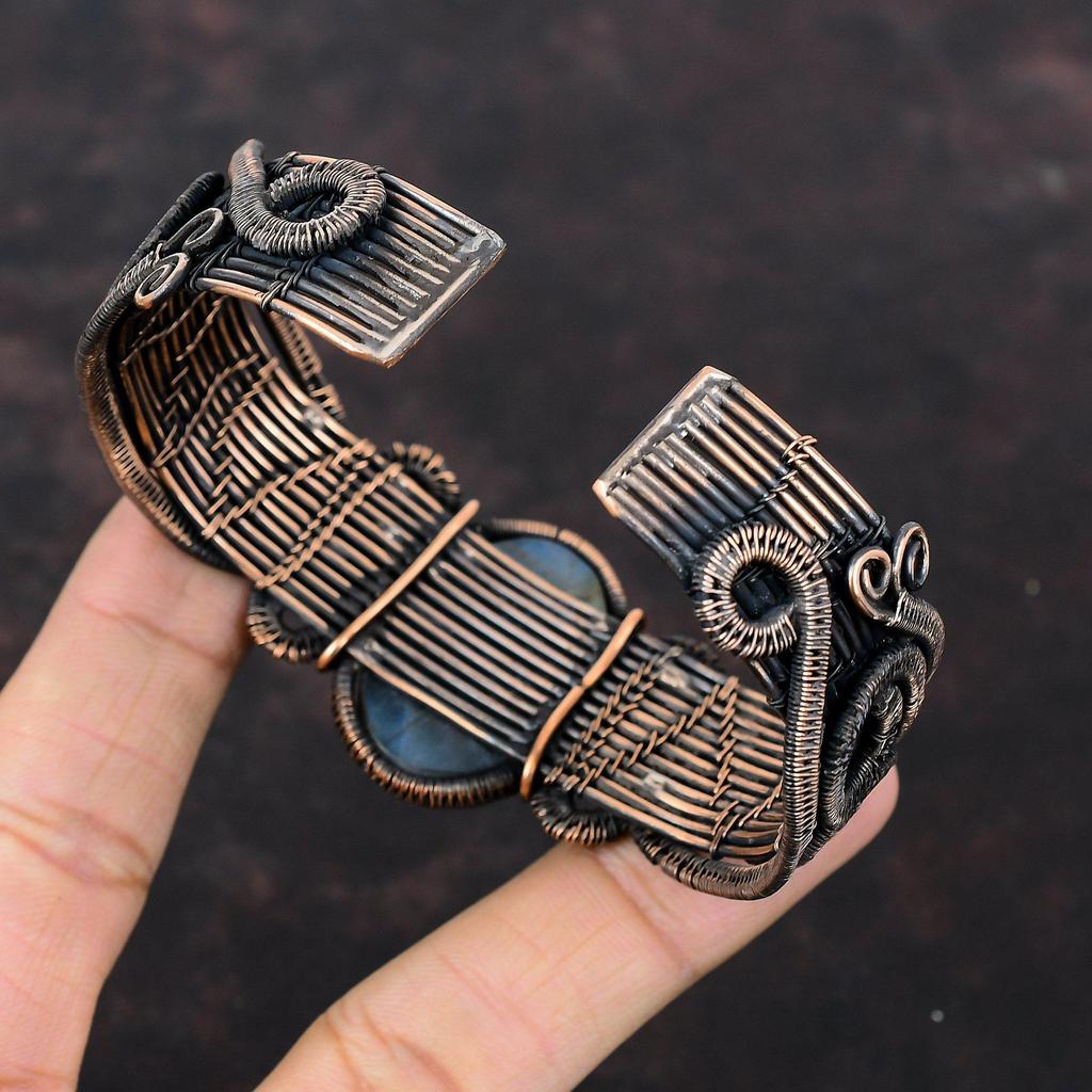 Мистический огонь, лабрадорит, браслет-манжета, медная проволока, браслет, регулируемая манжета, ювелирные изделия ручной работы, браслет с драгоценными камнями, медные украшения для подарка