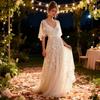 Lace Flared Sleeve Wedding Dress for Bride Deep V Neck Open Back Bridal Ball Gown Boho Beach Swing Dress