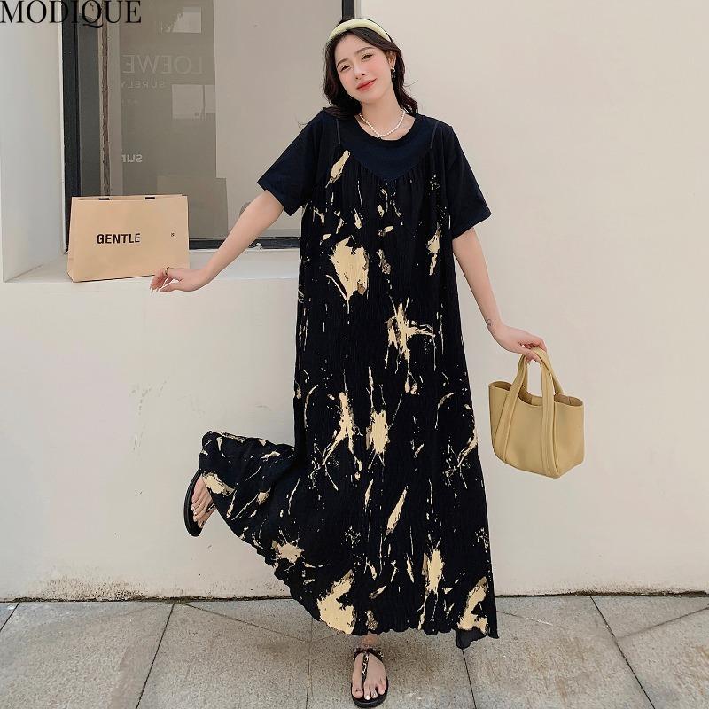 MODIQUE Summer Plus Size New Women Loose Elegant Pleated Floral Slip Mock Two-Piece Long Dress Female Short Sleeve O-Neck Dresses