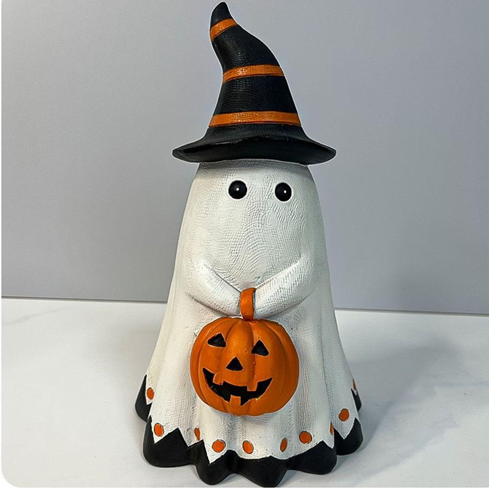 Resin Ghost Pumpkin Ornament Adorable Collectible Statue Sculpture for Vintage Halloween Decor Aesthetic Room Decor