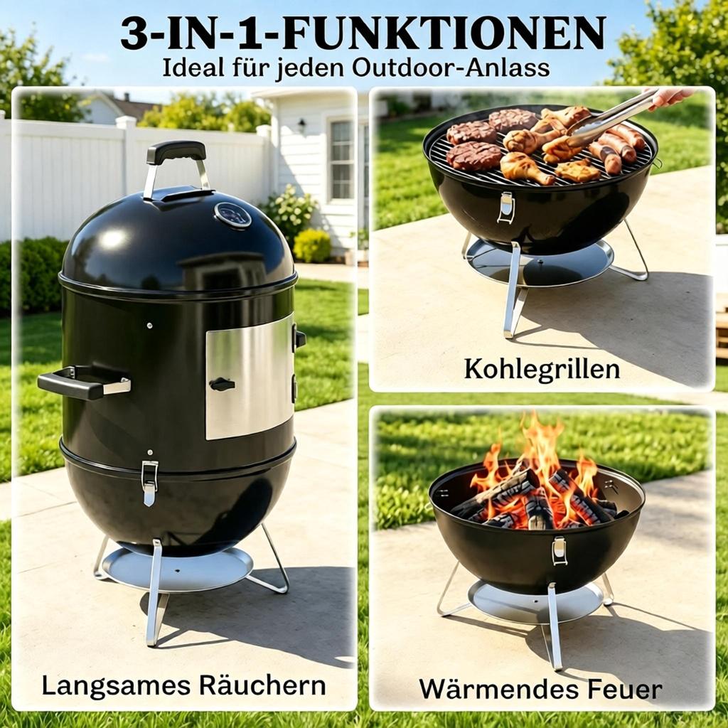 3-in-1 Smoking Chamber with 3 Cooking Grates, Integrated Thermometer and Adjustable Ventilation