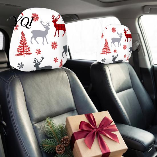 Universal Fit Headrest Case 2Pcs Christmas Car Covers, Elastic Holiday Printed Head Rest Cover, Festive Supplies Funny Auto Pillow Protector for Cars,