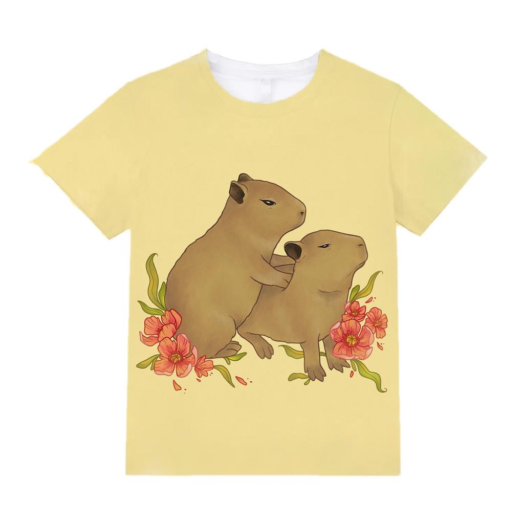 Детская одежда с коротким рукавом, милый принт капибары, детская летняя одежда, модная одежда для мальчиков и девочек из мультфильмов, уличная одежда, топы с круглым вырезом