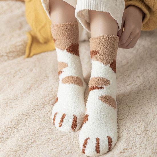 5 Pairs Women Socks Thick Coral Fleece Cartoon Cat Paw Shape Color Matching Mid Tube Elastic Anti-slip Warm Daily Home Wear Socks