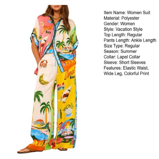 Женский комплект из 2 шт./компл., однобортный однобортный короткий стиль, рубашка с ярким принтом, брюки, топ с рукавами и лацканами для отдыха на Гавайях