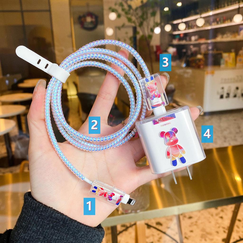 Комплект защиты кабеля данных Apple: Зарядная головка 20 Вт, прозрачный мультяшный дизайн, набор из 4 предметов